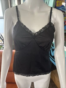 VTG Lingerie Top Camisole Cami Tank 80s 90s Unbranded Black Silky Adjustable 28" - Picture 1 of 8