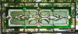 Stained Glass Transom window HANGING PANEL  29 X 12 3/4 incl hooks - Picture 1 of 4