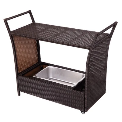 Carrito de servir barra de ratán para patio ruedas cubo de hielo mango superior de vidrio marrón Foto 1 de 4