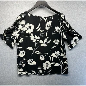 DKNY Womens Blouse Top Size PM Black & White Floral Short Pearl Sleeve NWT - Picture 1 of 12