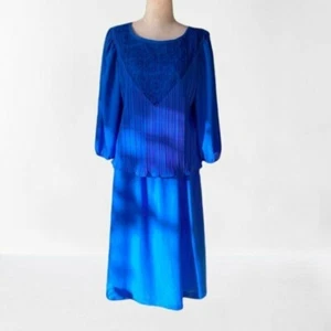 Good Times Vintage Pleat Long Sleeve Midi Dress Size 16 Teal Blue 80s 90s - Picture 1 of 6