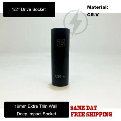 1Pc 1/2" Drive 19mm Extra Thin Wall Deep Impact Socket CR-V - Image 1 of 4