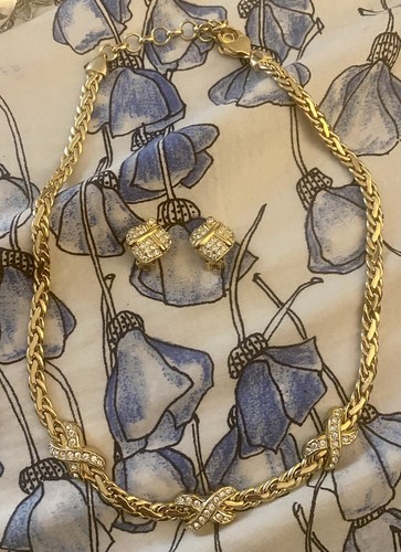 Collana vintage Christian Dior catena x strass tono oro con orecchini a clip