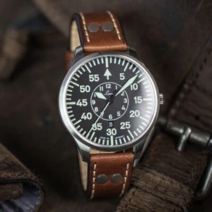 Laco Zurich 2 D Pilot Watch 40mm Quartz Black Dial Brown Strap W/Box & Manual - Picture 1 of 7