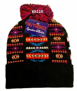 Southwest Native American Indian Navajo Print Knit Beanie Ski Hat- Black - Picture 1 of 5