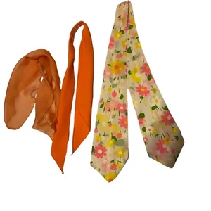 #4920 Vintage 3 Scarf daisy , orange chiffon, tie scarf - Picture 1 of 12