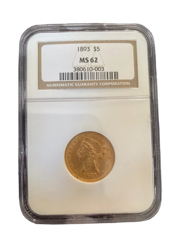1893 Gold $5 Liberty Gold Half Eagle NGC MS-62, MS62 Cover