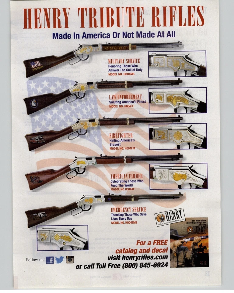 2015 Henry Tribute Rifle Magazine Print Ad 5 Rifle Photos Promo Poster Art - Image 1 of 4