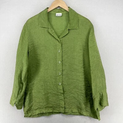 HABITAT Shirt L Cupra Metallic Crinkle Button Up Long Sleeve Tunic Green USA - Image 1 of 4