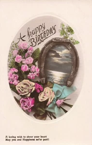 Postcard Vintage Early 1900s A Happy Birthday Ocean View and Roses - Bild 1 von 2