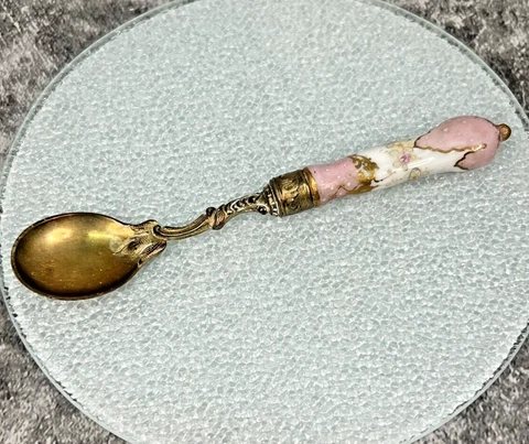 Antique 800 Silver Painted Porcelain Spoon - Late 1800s Dresden Germany Cover