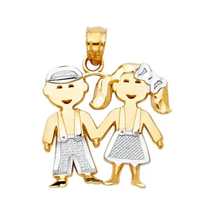 GOLD - 14K Two Tone Girl & Boy Brother & Sister Charm Pendant For Necklace Chain - Picture 1 of 4