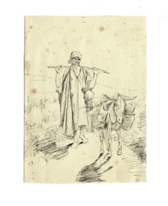 Etude orientaliste - Un homme et son âne - Dessin original ancien - Photo 1/1