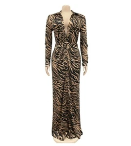 NEW Women With Sashes Print Bandage Long Sleeve High Slit Bodycon Maxi Dress #L9 - Picture 1 of 12