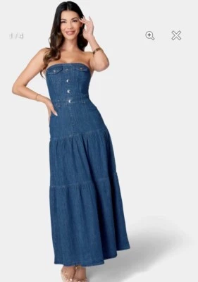 Vestido jeans leve Bebe sem alças em camadas - Imagem 1 de 4