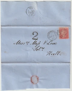 1863 HUDDERSFIELD DUPLEX & SMALL HANDSTRUCK 2 POSTAGE DUE UNRECORDED? ON WRAPPER - Picture 1 of 1