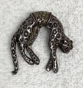 Vintage Sterling Silver Garnet Marcasite Leopard Brooch - Picture 1 of 4
