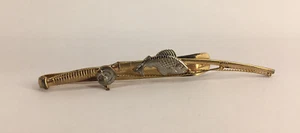 Vintage Mens Tie Clasp Clip Bar Anson Fishing Pole Fish Reel Gold Silver Tone - Picture 1 of 4