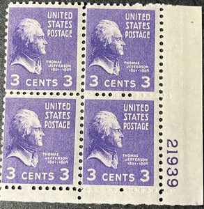 Scott’s 807 T. Jefferson 1938 Issue, 3 Cent. Impeccable Block MNH. Get It Now. - Picture 1 of 1