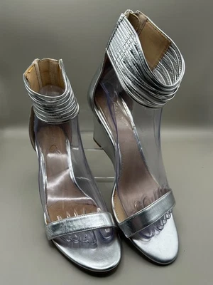 Jewel Badgley Mischka Womens Silver Wedge Ankle Strap Heels Size 7.5M - Image 1 of 4