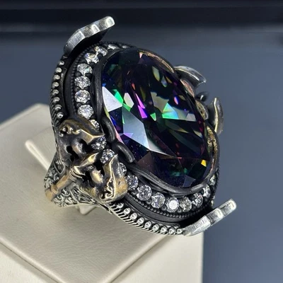 Rainbow Stone 925 Sterling Silver Ring: Gothic Axe Design, Moissanite Accents - Image 1 of 4