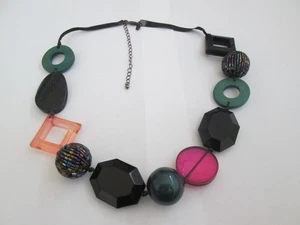 BLACK COLOURED CORD NECKLACE WITH LARGE MULTICOLOURED BEADS / DISCS BY M & S - Picture 1 of 3
