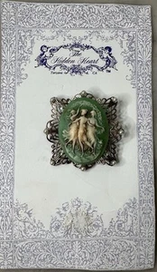 Vintage goldfarbene Kamee Brosche Anstecknadel Anhänger mit Damen, signiert verstecktes Herz - Bild 1 von 7