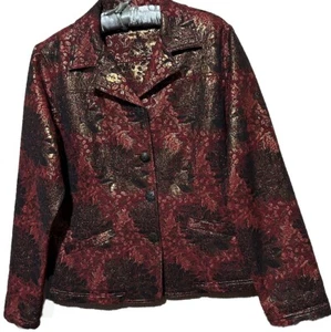 Chicos Jacket 2 Burgundy Metallic Brocade Fall Winter Colors Lightweight Blazer - Picture 1 of 6