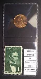 1959 Lincoln Cent &Stamp Set - Uncirculated 1c  Penny -Mint Never Hinged Stamp - Picture 1 of 4