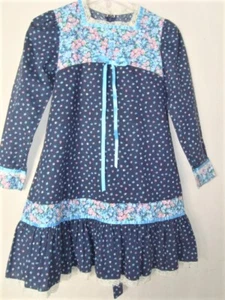 VTG 70s girls sz 6-8 GUNNE STYLE blue calico A-Line cotton dress country prairie - Picture 1 of 3