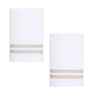 2 new Nestwell 100% Hygro Cotton 34x68" BATH Sheets - WHITE w/ TAN Stripes - Picture 1 of 6