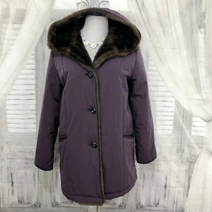 Regent Park Siz Small Purple Winter Coat Faux Fur Trim Mid Length Button Down D7 - Picture 1 of 11
