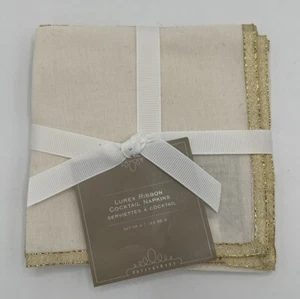 Pottery Barn Gold Lurex Ribbon Ivory Cotton Cocktail Napkins Set of 4 - Picture 1 of 4
