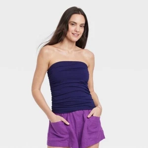 A New Day Women's Slim Fit Ruched Tube Top Navy Size Medium A-51 - Picture 1 of 1