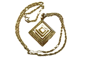 VINTAGE SQUARE GEOMETRIC SMOOTH & TEXTURERD PENDANT GOLD TONE CHAIN NECKLACE - Picture 1 of 5