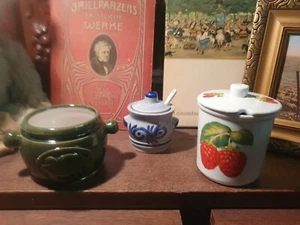 3ER SET STEINGUT STEINZEUG KERAMIK LANDHAUSSTIL MARMELADENTOPF SENFTOPF GEWÜRZE - Bild 1 von 12