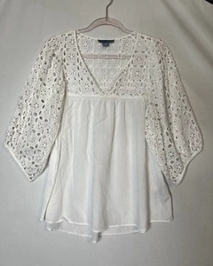 Anthropologie Top Womans Medium By Lil Tunic Eyelet Beachy Boho Festival White - Picture 1 of 11