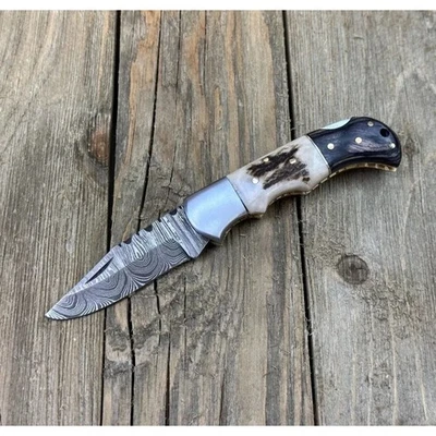 6.5 INCHES HAND MADE FORGED DAMASCUS STEEL STAG/ANTLER FOLDING KNIFE - Image 1 of 4