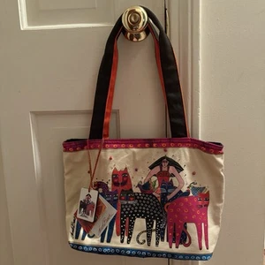 LAUREL BURCH Colorful Cat Purse Canvas Tote Shoulder Bag Lightweight Beaded - Picture 1 of 10