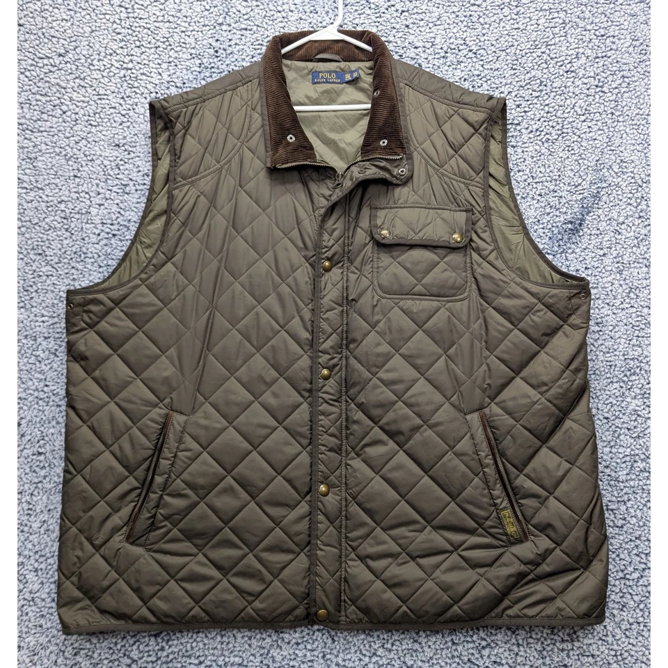 Polo Ralph Lauren Calf Leather Trim Iconic Quilted Vest Mens 4XLT Full Zip Green - Image 1 of 4
