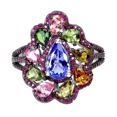 Anillo de plata de ley 925 pera tanzanita 8x5 mm rubí turmalina piedras preciosas tamaño 6,5 Foto 1 de 4