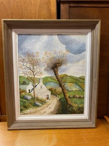 PEINTURE HUILE TOILE SIGNEE STYLE POINTILLISME VILLAGE DE CAMPAGNE AVEC CADRE - Imagen 1 de 9