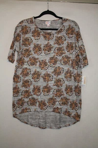 NWT Lularoe XS Marled Gray Irma Tee Tiger Heads All Over Print Cotton Blend - Picture 1 of 4