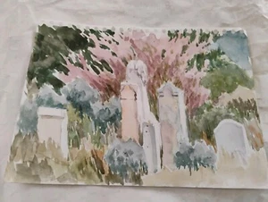 Acuarela y boceto originales de Peg Humphrey cementerio vintage y monte Diablo 9"x12" - Imagen 1 de 4