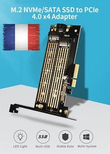 Carte Adaptateur M.2 PCIE 4.0, pour 2 SSD NVMe / NGFF, Connection PCIE + SATA - Photo 1/10