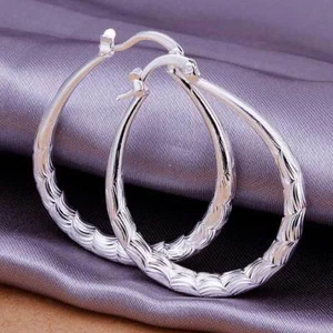 1 3/8"_GRANDI CERCHI OVALI INTAGLIATI ONDULATI_ORECCHINI CHIUSURA A SCATTO_ARGENTO 925 PLACCATO - Foto 1 di 5