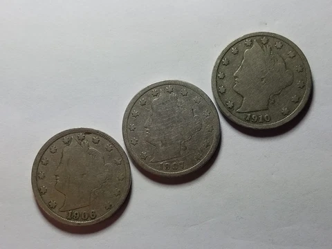 Three Liberty Head V Nickels  Assorted Dates  1906 1907 1910 Cover