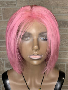 Front Lace Real Human Hair Wig Bob Pink 11 inches