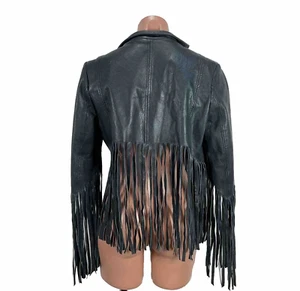 Topshop X Kate Moss Fringe Leather Moto Jacket Blue US 8 UK 12 Boho Festival - Picture 1 of 9