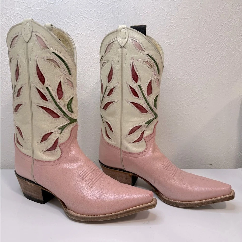 Justin Vintage Pink Floral Inlay Cowboy Western Boots 7.5 - Image 1 of 4
